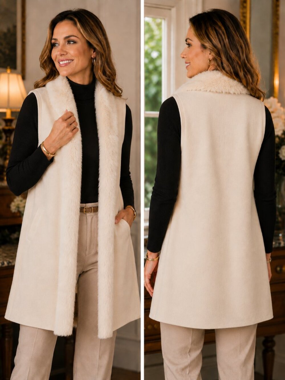 🤍Studio Park Ivory Faux Fur Trim Long Sleeveless Vest Size M